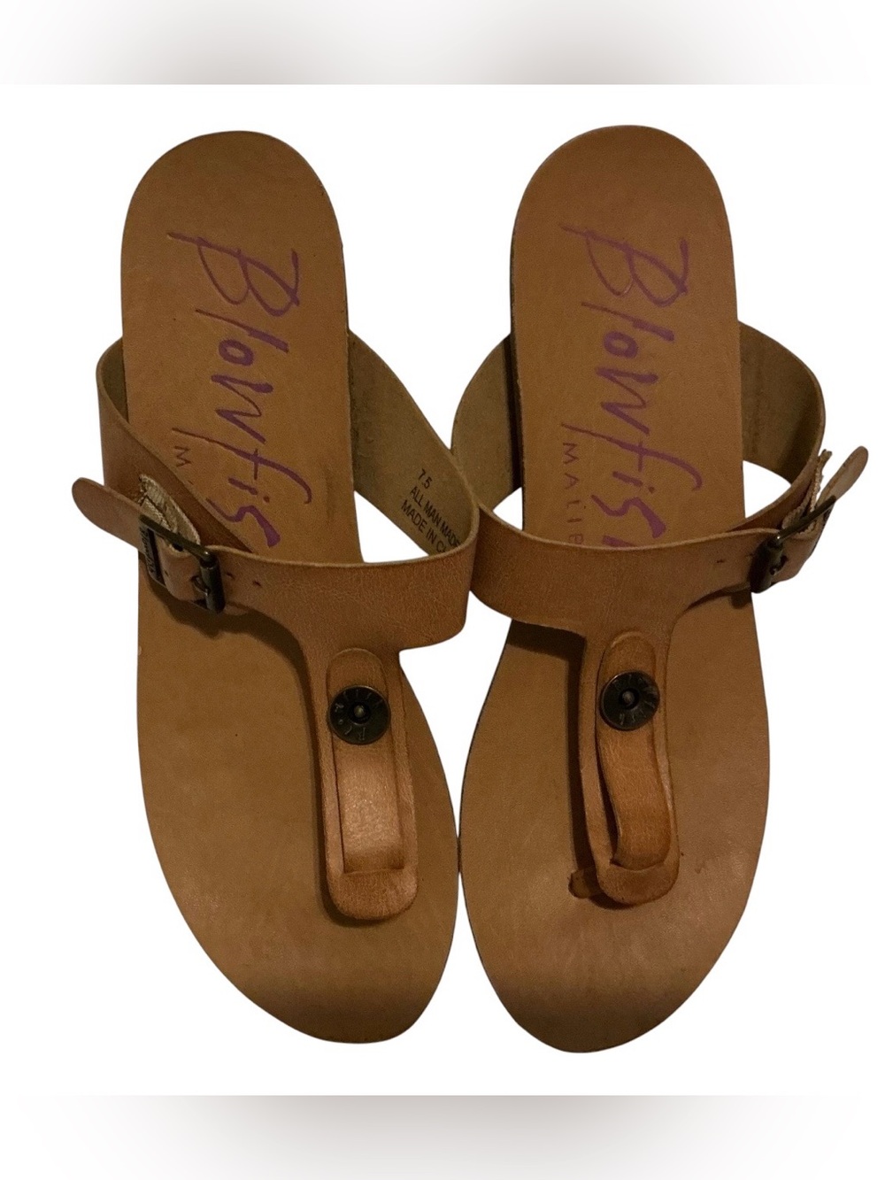 Blowfish Malibu Tan Toe Ring Thong Sandals Sz 7.5 Adjustable Buckle Flat Boho
